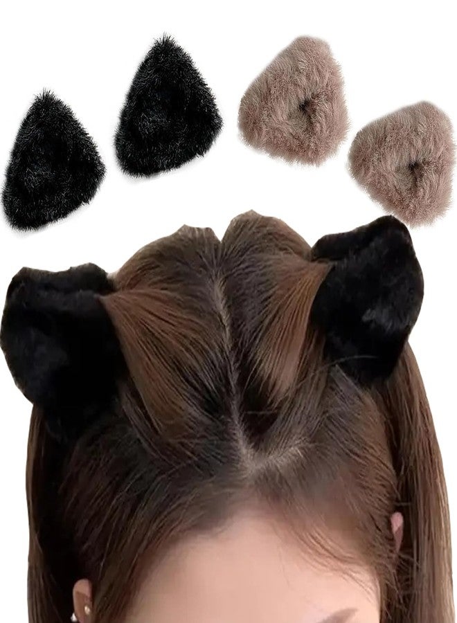 UCCASA 4pcs Cute Plush Cat Ear Hair Clips - Winter Fuzzy Cute Claw Clips Soft Non-Slip Small Bangs Claw Clips, Black Brown Cat Ear Broken Mini Hair Clips Accessories for Women Decoration - Image 1